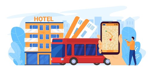 Bus city tour vector illustration. Cartoon flat traveler hand holding smartphone with autobus city plan, map mobile app, man tourist planning travel excursion route, city tourism isolated on white © Seahorsevector