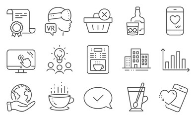 Set of Business icons, such as Heart, Approved message. Diploma, ideas, save planet. Coffee maker, Whiskey glass, Tea mug. Buildings, Augmented reality, Touch screen. Vector