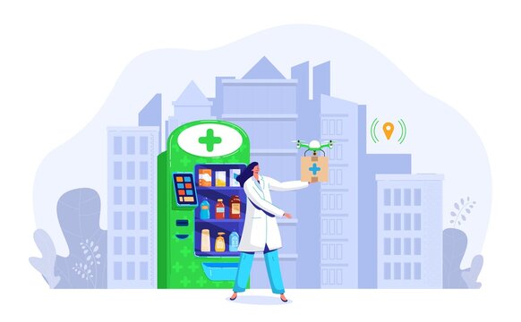 Drone drug delivery vector illustration. Cartoon flat doctor druggist character holding drone, pharmacist express shipping box by air, pharmacy drugstore logistic delivering service isolated on white