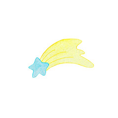 Watercolor illustration. Cartoon blue comet with a yellow tail. Illustrations for children