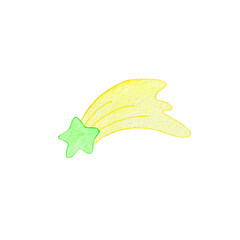 Watercolor illustration. Cartoon green comet with a yellow tail. Illustrations for children