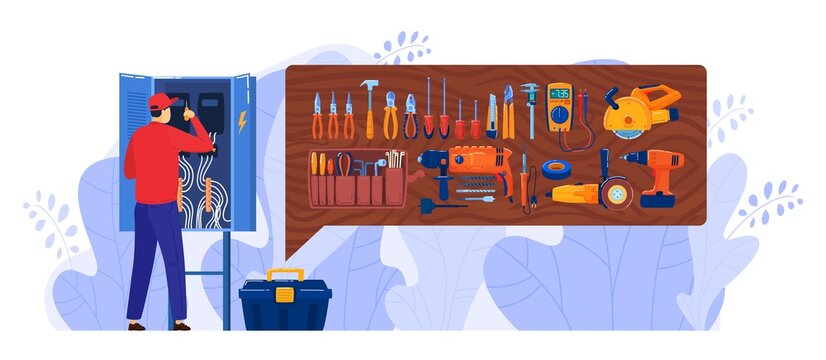 Electrician box vector illustration. Cartoon flat repairman character working, handyman repairing electric board panel cabinet with worker service electrical equipment tools icon isolated on white