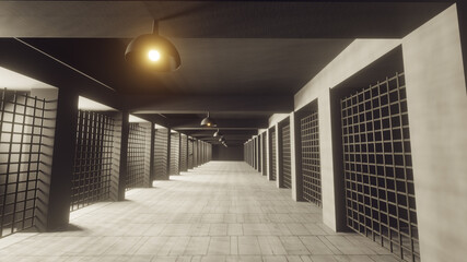 Camera walk in prison. Surrounded by prison cells. Gloomy mood. Fog, rays, daylight. Walk-through the gaol. Crime. Interrogation. Justice. Separated cell. One person. Guard. Walk. 3d Rendering