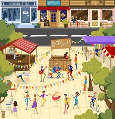 Fototapeta na wymiar People on jazz festival vector illustration. Cartoon flat man woman dancer character dancing, performer musician band performing in outdoor city park, playing jazz music, street performance background
