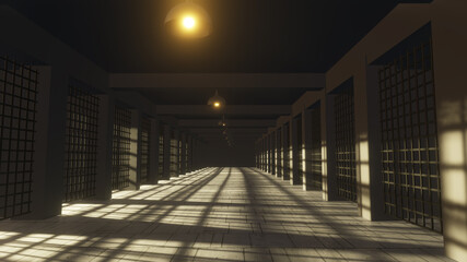 Camera walk in prison. Surrounded by prison cells. Gloomy mood. Fog, rays, daylight. Walk-through the gaol. Crime. Interrogation. Justice. Separated cell. One person. Guard. Walk. 3d Rendering