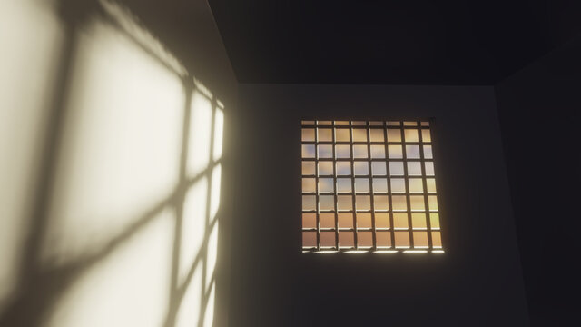 Camera walk in prison. Surrounded by prison cells. Gloomy mood. Fog, rays, daylight. Walk-through the gaol. Crime. Interrogation. Justice. Separated cell. One person. Guard. Walk. 3d Rendering