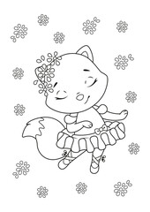 Little fox ballerina dancing Coloring Page. Outline Cartoon vector illustration