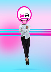 Woman headed by sign DON'T OVERTAKE. Fair competition, leader. Modern design. Contemporary artwork, collage with traffic signs and its new senses. Concept of fashion, business, self-development.