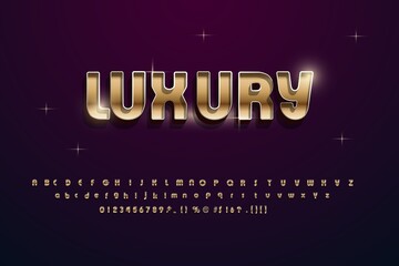Vector set of beautiful Golden letters of the alphabet, numbers and punctuation marks. Bold three-dimensional style for banners and games. Vector