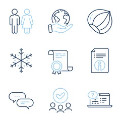 Fototapeta premium Hazelnut, Restroom and Online help line icons set. Diploma certificate, save planet, group of people. Dots message, Technical info and Snowflake signs. Vegetarian nut, Wc toilet, Web support. Vector