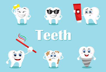 Cute teeth with different emotions set for label design.  Healthy white teeth and tooth with dental plaque socializing. Dentistry and dental whitening care clipart.