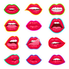 Woman mouth with a kiss, smile, tongue and teeth isolated on background. Pop art woman lips set. Sexy mouth