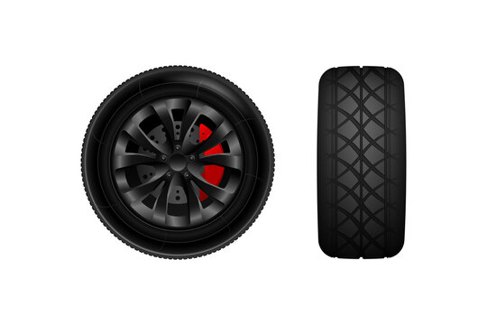 Realistic vector tires set. Car tires. Car weels. Car wheel with brake gear.