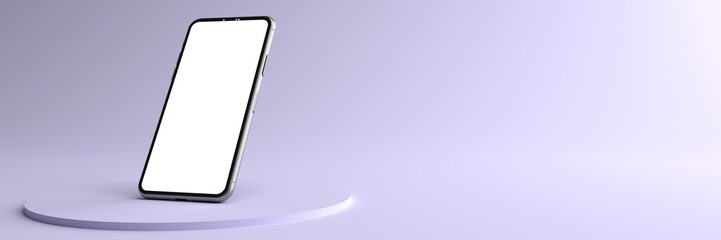 The Smartphone white screen on violet round Pedestal, Mobile phone mockup tilted to the ground. Pedestal can be used for commercial advertising, Isolated on Minimal violet background, 3D rendering.