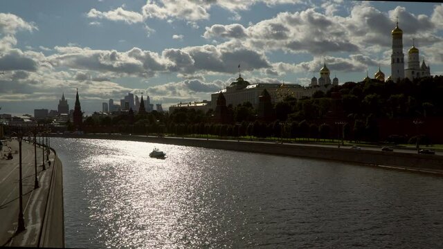 Kremlin embankment and the Grand Kremlin Palace of the Moscow river at sunset