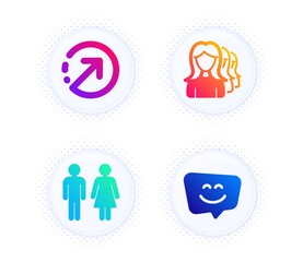 Obraz na płótnie Canvas Direction, Restroom and Women headhunting icons simple set. Button with halftone dots. Smile face sign. Navigation pointer, Wc toilet, Women teamwork. Chat. Business set. Vector