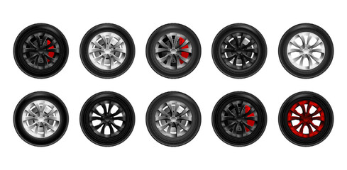 Realistic shining disk car wheel tyre set isolated. Car black new wheels on white background, vector illustration © SERHII