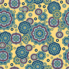 Seamless mandala pattern. Traditional indian round elements. Vector background for prints, wallpaper, textile. Stylized geometric flowers.