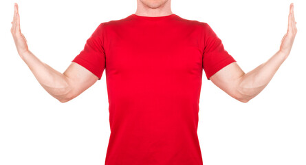 Front view of confident male in red t-shirt showing about big size of something