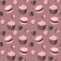 Seamless pattern of sweets (macaroons, cookies and biscuits) in a pink-chocolate color range on a dull-pink background. Great for a romantic gifts paper. Watercolor hand drawn elements.