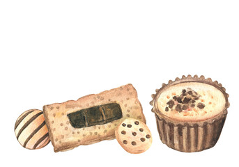 Postcard with muffin, cracker and cookies. Small and cute composition. Watercolor illustration on a white isolated background. 