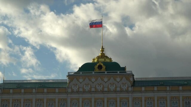 State flag of the Russian Federation over the Grand Kremlin Palace, the ceremonial residence of the President of Russia