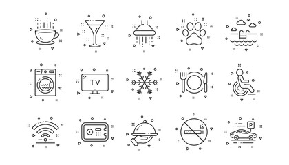 Wi-Fi, Air conditioning and Washing machine. Hotel service line icons. Pets, swimming pool and hotel parking icons. Linear set. Geometric elements. Quality signs set. Vector