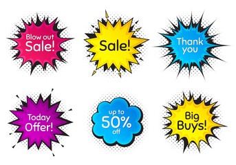 Sale, 50% discount and today offer. Comic speech bubble. Thank you, hi and yeah phrases. Sale shopping text. Chat messages with phrases. Colorful texting comic speech bubble. Vector