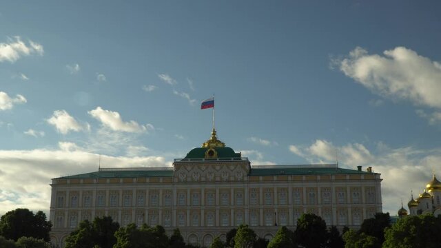 State flag of the Russian Federation over the Grand Kremlin Palace, the ceremonial residence of the President of Russia