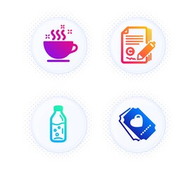 Water bottle, Coffee cup and Copywriting icons simple set. Button with halftone dots. Love ticket sign. Soda drink, Hot drink, Copyright signature. Heart. Business set. Vector