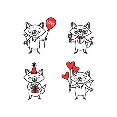 Obraz premium Cute doodle vector foxes with drink and in birthday hat for holidays and party stickers.