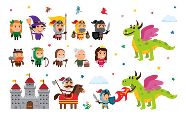 Obraz na płótnie Canvas Fantasy Fairy Tale Clipart. Vector Dragon, Knights, princess, citizens etc...
