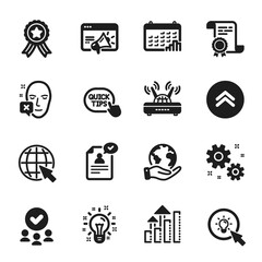 Set of Science icons, such as Quick tips, Wifi. Certificate, approved group, save planet. Work, Swipe up, Energy. Seo marketing, Resume document, Idea. Calendar graph, Internet, Analysis graph. Vector