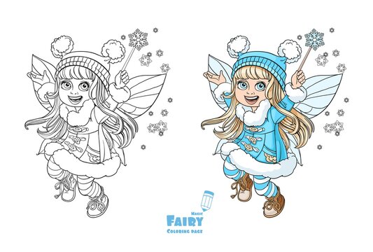 Cute little winter fairy girl with a Magic wand color and outlined picture for coloring book