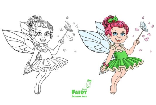 Cute little summer fairy girl with a Magic wand color and outlined picture for coloring book