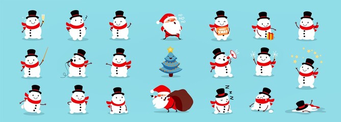 Snowmen Santa Claus and Christmas tree, big Christmas and New Year vector set - 357865187