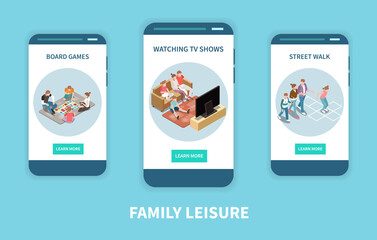 Family Leisure Playing Isometric People Banner Set