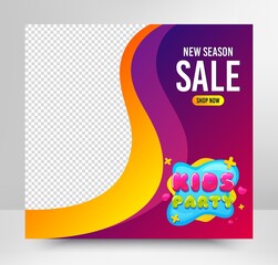 Kids party icon. Sale banner template. Fun playing zone banner. Children games party area icon. Social media layout banner. Online shopping web template. Kids party promotion badge. Vector