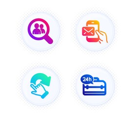 Messenger mail, Rotation gesture and Search employees icons simple set. Button with halftone dots. 24h service sign. New e-mail, Undo, Staff analysis. Support. Business set. Vector