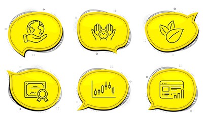 Candlestick graph sign. Diploma certificate, save planet chat bubbles. Safe time, Organic product and Web report line icons set. Management, Leaves, Graph chart. Finance chart. Business set. Vector