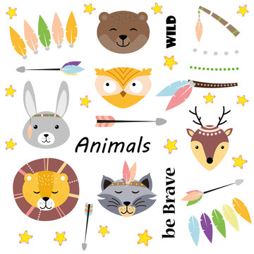 Cartoon cute animals for baby card and invitation. Hare, lion, owl, bear, raccoon, deer. Different animal characters.