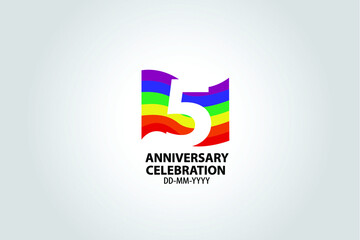 5 year anniversary celebration logotype with white number Emboss Style isolated on LGBT Colorful Flag on white grey background for invitation card, banner or flyer -vector