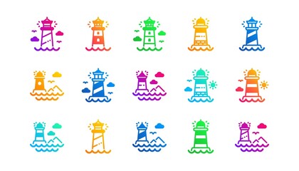 Fototapeta na wymiar Searchlight tower with seagull for marine navigation of ships. Lighthouse icons. Sea pharos, lighthouse or beacon icons. Classic set. Gradient patterns. Quality signs set. Vector