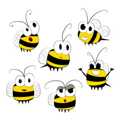Set of funny little bees with different emotions. Cute cartoon characters. Design elements. Isolated