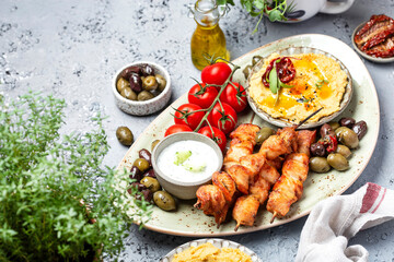 Traditional greek chicken souvlaki with tzatziki sauce