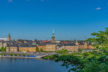 Naklejka na ściany i meble View of Stockholm from Sodermalm district. Panorama of the old town (Gamla Stan).