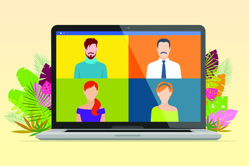 Video conference landing. People on computer stay and work from home. vector, illustration