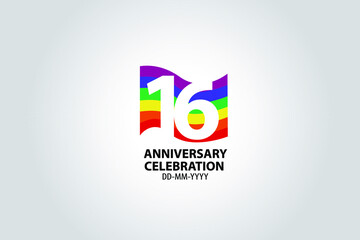 16 year anniversary celebration logotype with white number Emboss Style isolated on LGBT Colorful Flag on white grey background for invitation card, banner or flyer -vector