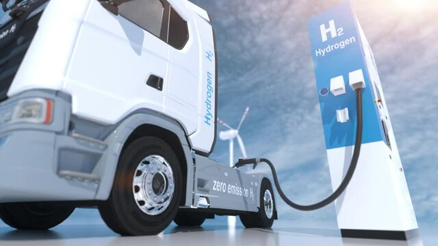 hydrogen logo on gas stations fuel dispenser. h2 combustion Truck engine for emission free ecofriendly transport.