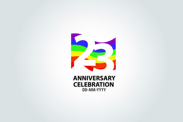 23 year anniversary celebration logotype with white number Emboss Style isolated on LGBT Colorful Flag on white grey background for invitation card, banner or flyer -vector